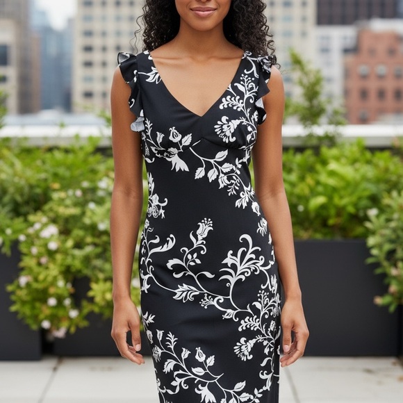 La Belle Black and White Floral Midi Dress Cap Ruffle Sleeve Vintage Y2K Medium - Picture 11 of 11